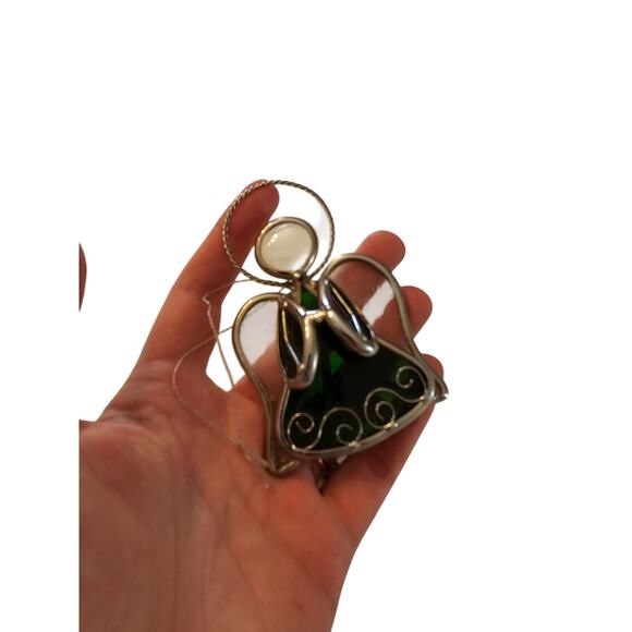 Vintage Stained Glass Angel Christmas Ornament w/ Silver Metal Trim Green - Picture 4 of 5